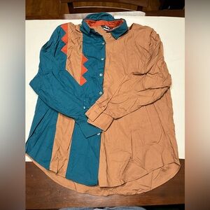 VTG ROPER Rodeo Brown Blue Women Western Aztec Shirt SHOULDER PADS Button XL
